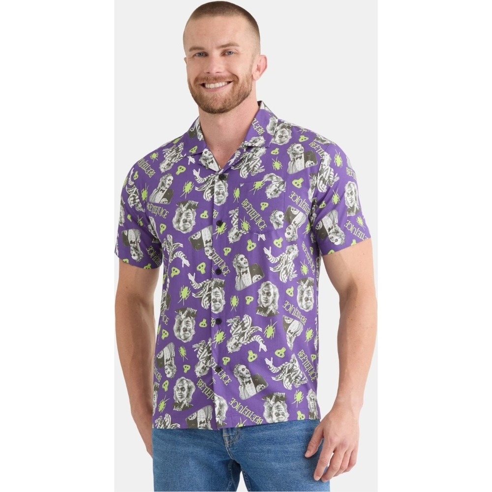 Beetlejuice Mens XS Purple All Over Print Button Down Short Sleeve Movie‎ Shirt